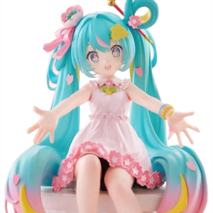 Hatsune Miku 10th Anniversary Noodle Stopper Statue FuRyu by Banpresto in pink dress with floral and heart details