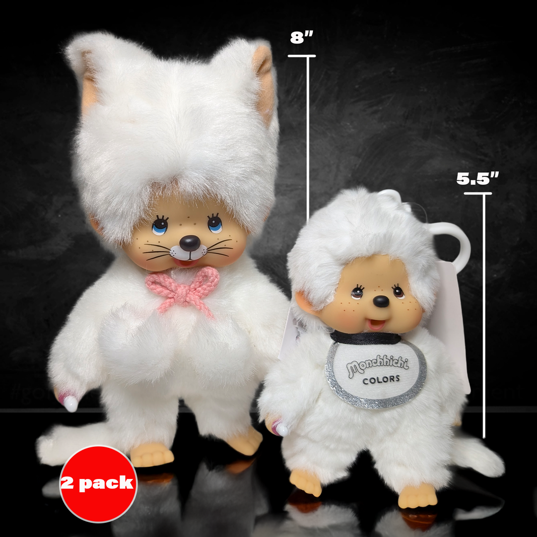 8" Large Monchhichi Doll - Girl as White Cat and White Mascot - BUNDLE Authentic Monkey Plush, NWT by Sekiguchi