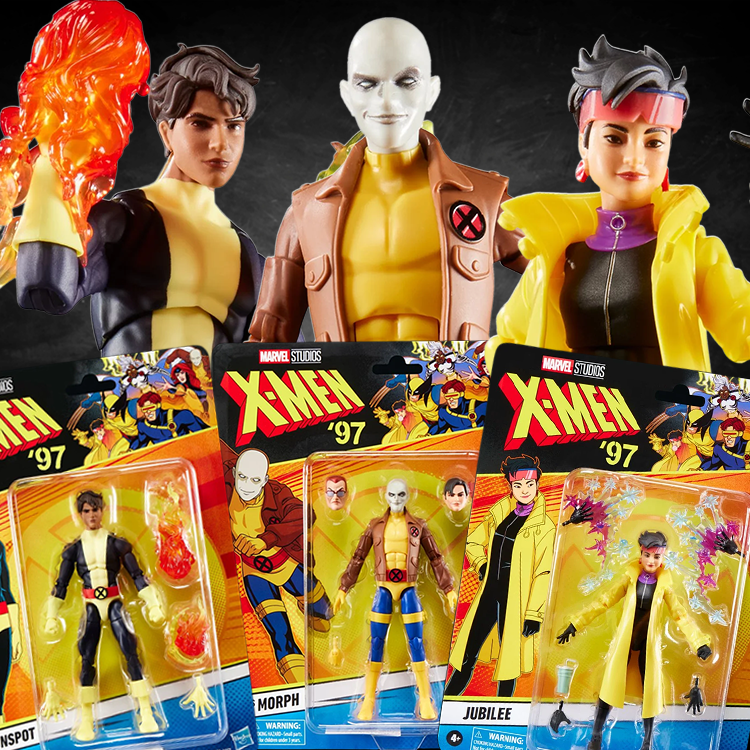 Hasbro Marvel Legends X-Men ’97 action figures Sunspot, Morph, and Jubilee with accessories in packaging.