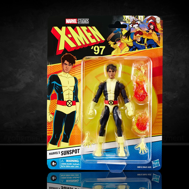 Marvel Legends 6-inch Sunspot action figure by Hasbro in X-Men 97 packaging with solar power effects and accessories