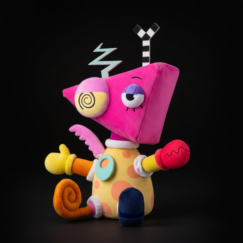 Colorful plush toy with a pink hat and polka dot design on a light gray background with 'Digital Circus' branding.