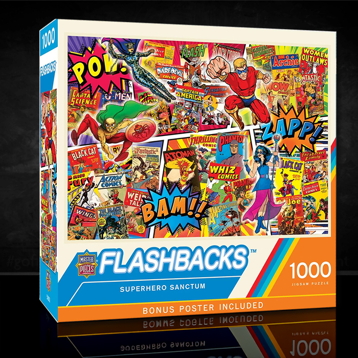 Master Pieces Flashbacks Superhero Sanctum 1000-piece puzzle box featuring vintage comic collage artwork