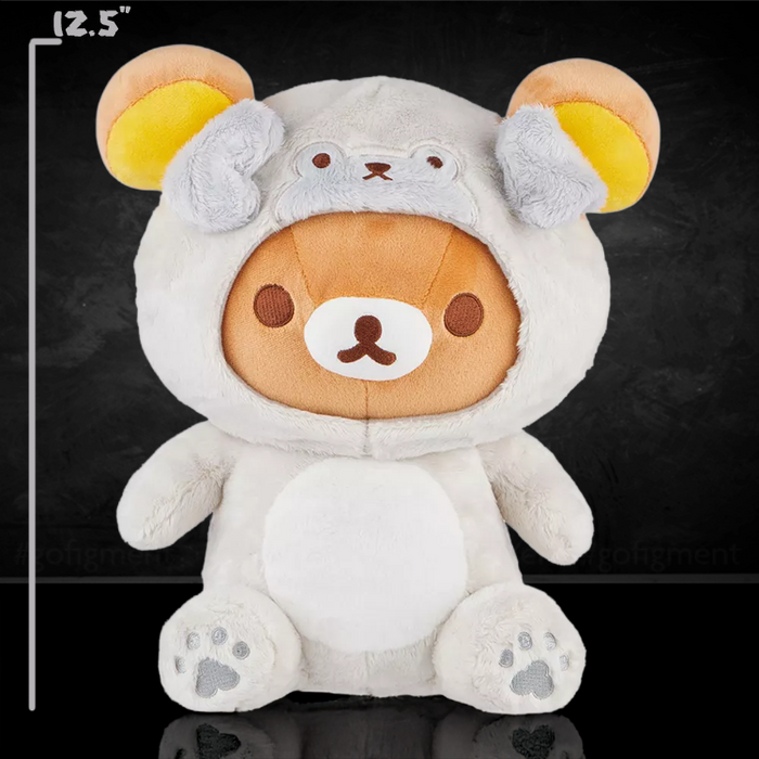 San-X Rilakkuma plush sitting in gray pug costume with paw prints and bear face hood close-up view