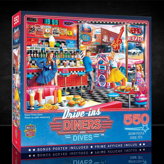 Drive-Ins Diners and Dives Good Times Diner 550 piece puzzle by Master Pieces showing nostalgic diner scene