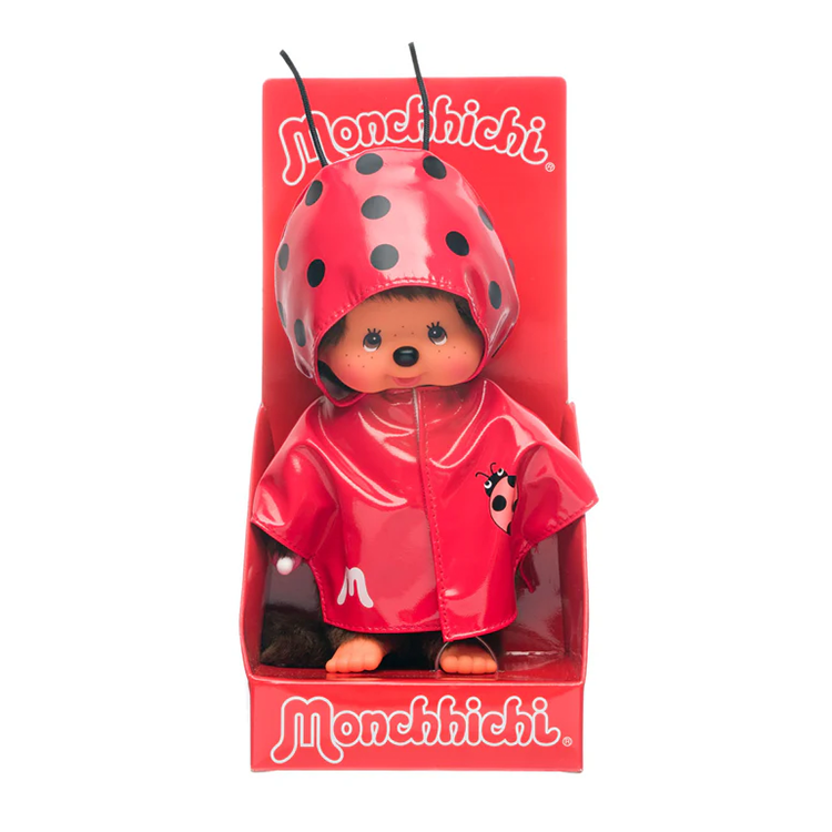Official Sekiguchi 8-inch Monchhichi Girl doll in a Ladybug coat costume, often searched as a Monchichi ladybug plush.