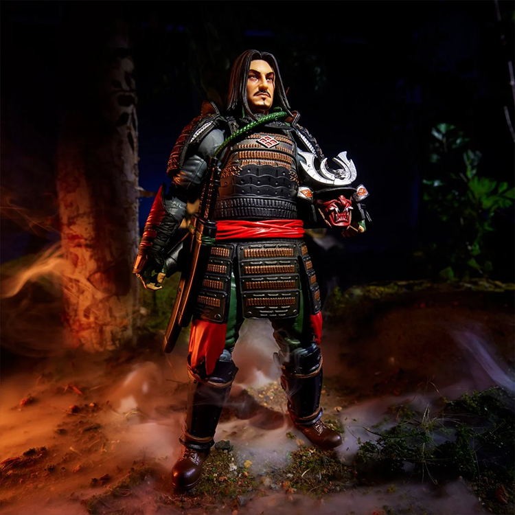 Kyle Budo G.I. Joe Classified Series 1:12 action figure in samurai armor holding helmet by Hasbro on forest background