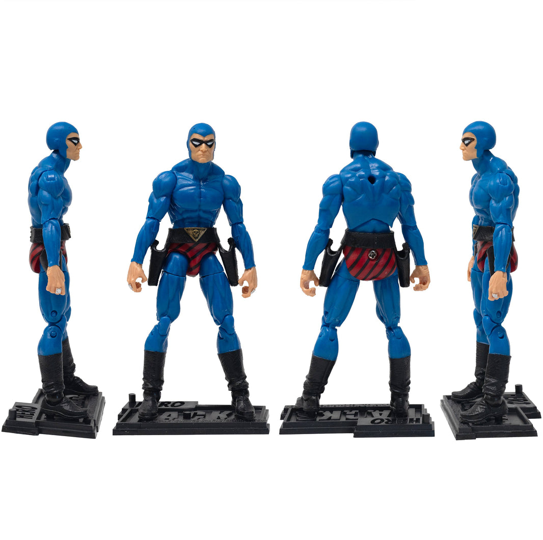 Boss Fight Studio Llc articulated 6-inch Phantom Hero action figure in blue costume with black boots on display stands shown from multiple angles