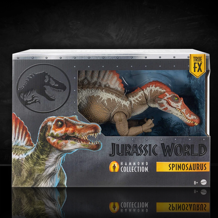 Mattel Jurassic World Hammond Collection Spinosaurus dinosaur figure in detailed packaging with True FX branding