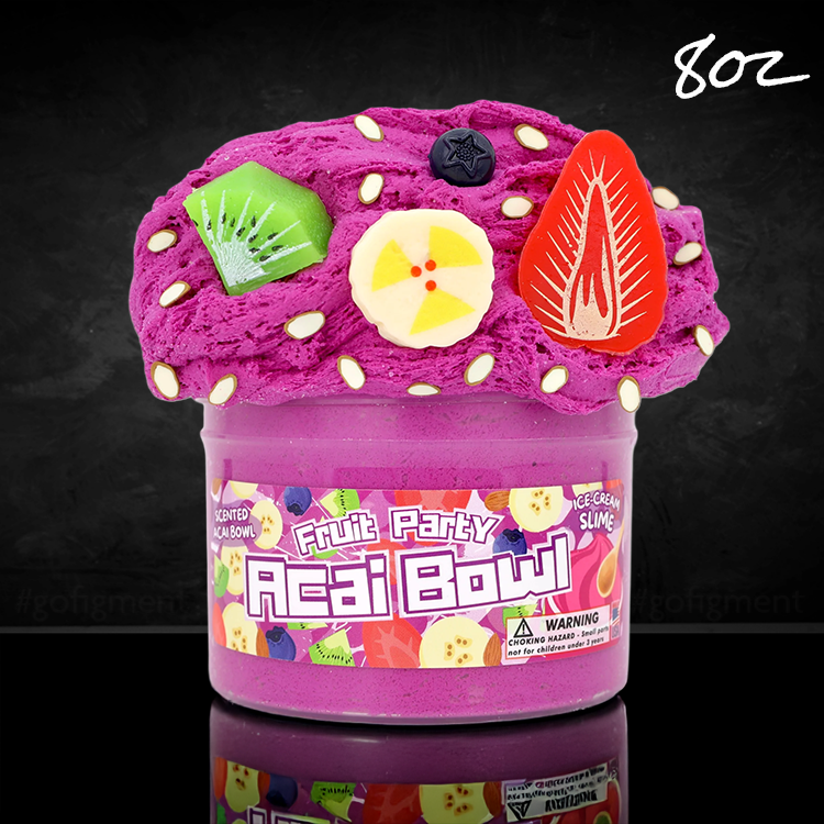 Dope Slimes Acai Bowl Fruit Party scented ice cream slime with fruit charms and vibrant magenta color in 8oz container