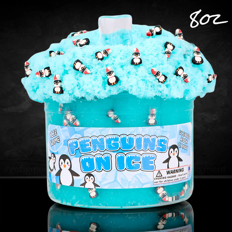 Dope Slimes Penguins on Ice teal icee slime with penguin charms and clear ice cube topping in 8oz container