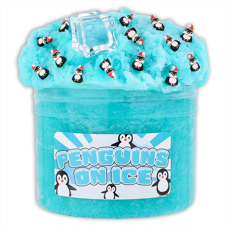 Dope Slimes Penguins on Ice teal icee slime with penguin charms and ice cube decoration in 8oz container