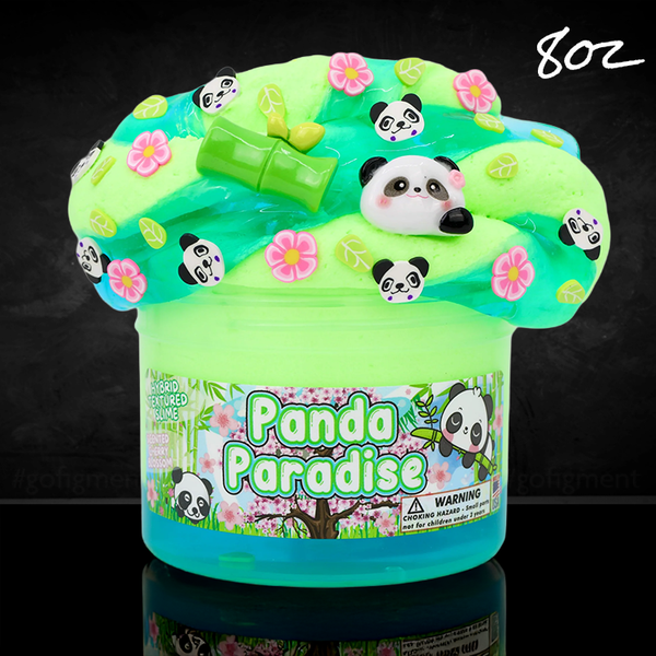 Panda Paradise cherry blossom scented hybrid texture slime by Dope Slimes with panda charms and blue-green layers in 8oz container