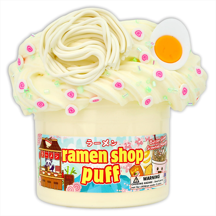 Dope Slimes Ramen Shop Puff mango scented butter slime with noodles, egg, and fish cake decorations in 8oz container