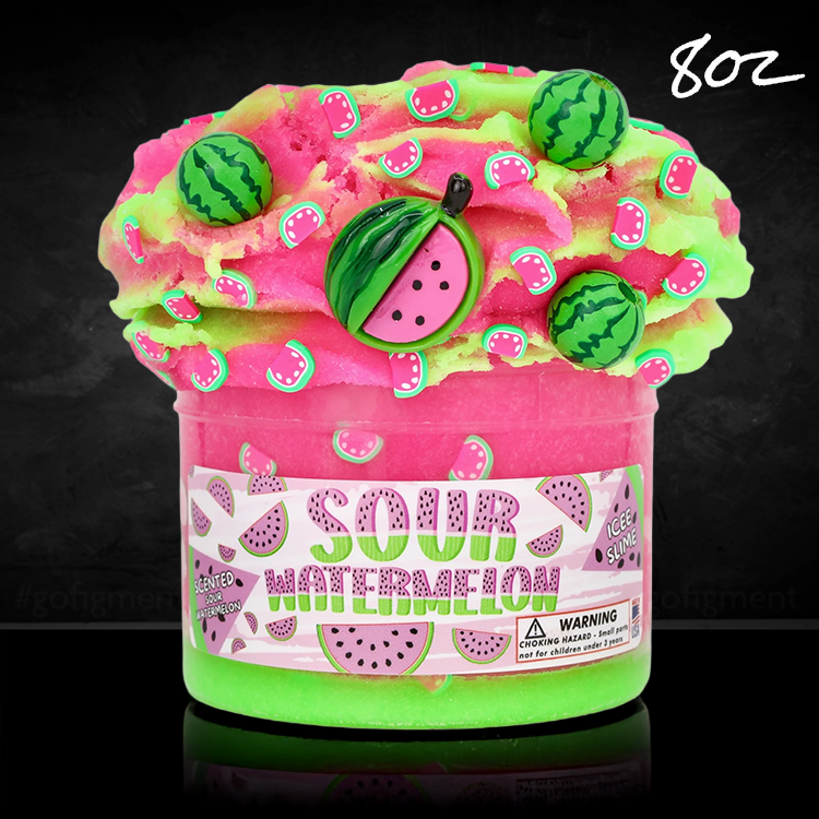 Dope Slimes Sour Watermelon scented icee slime in green and pink with watermelon charms and fluffy texture, 8oz container.