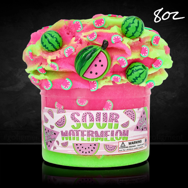 Dope Slimes Sour Watermelon scented icee slime in green and pink with watermelon charms and fluffy texture, 8oz container.