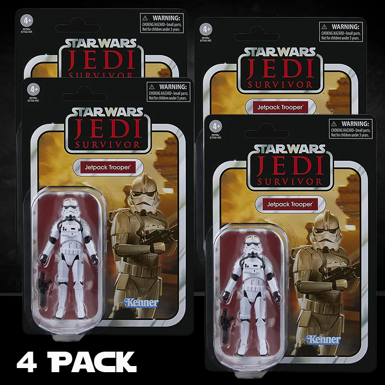 Kenner Star Wars Vintage Collection 4-pack Jetpack Trooper action figures from Jedi Survivor game series.