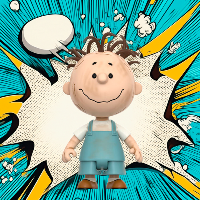Pig Pen ReAction figure wearing blue overalls standing in front of colorful comic-style explosion background by Super7
