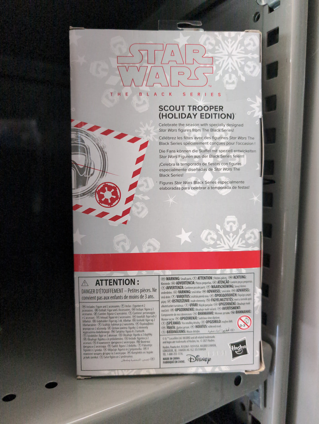 Hasbro Star Wars Black Series Scout Trooper Holiday Edition packaging with festive snowflake design