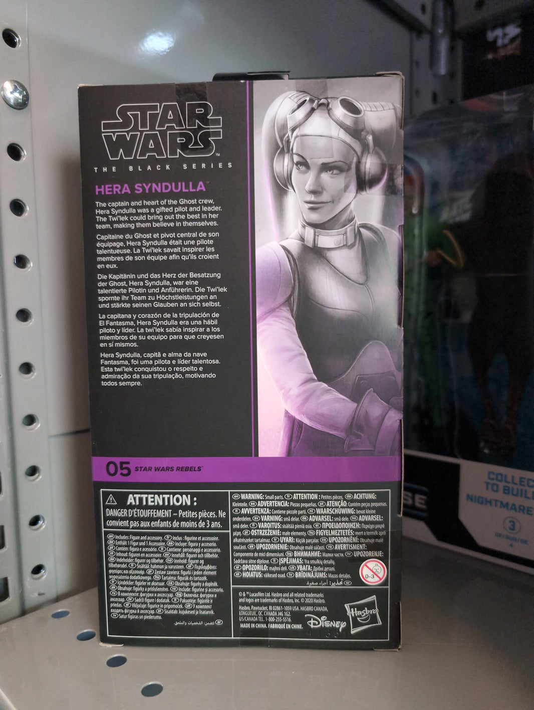 Back packaging of Hasbro Star Wars Black Series Hera Syndulla 6-inch action figure with character description and warnings.