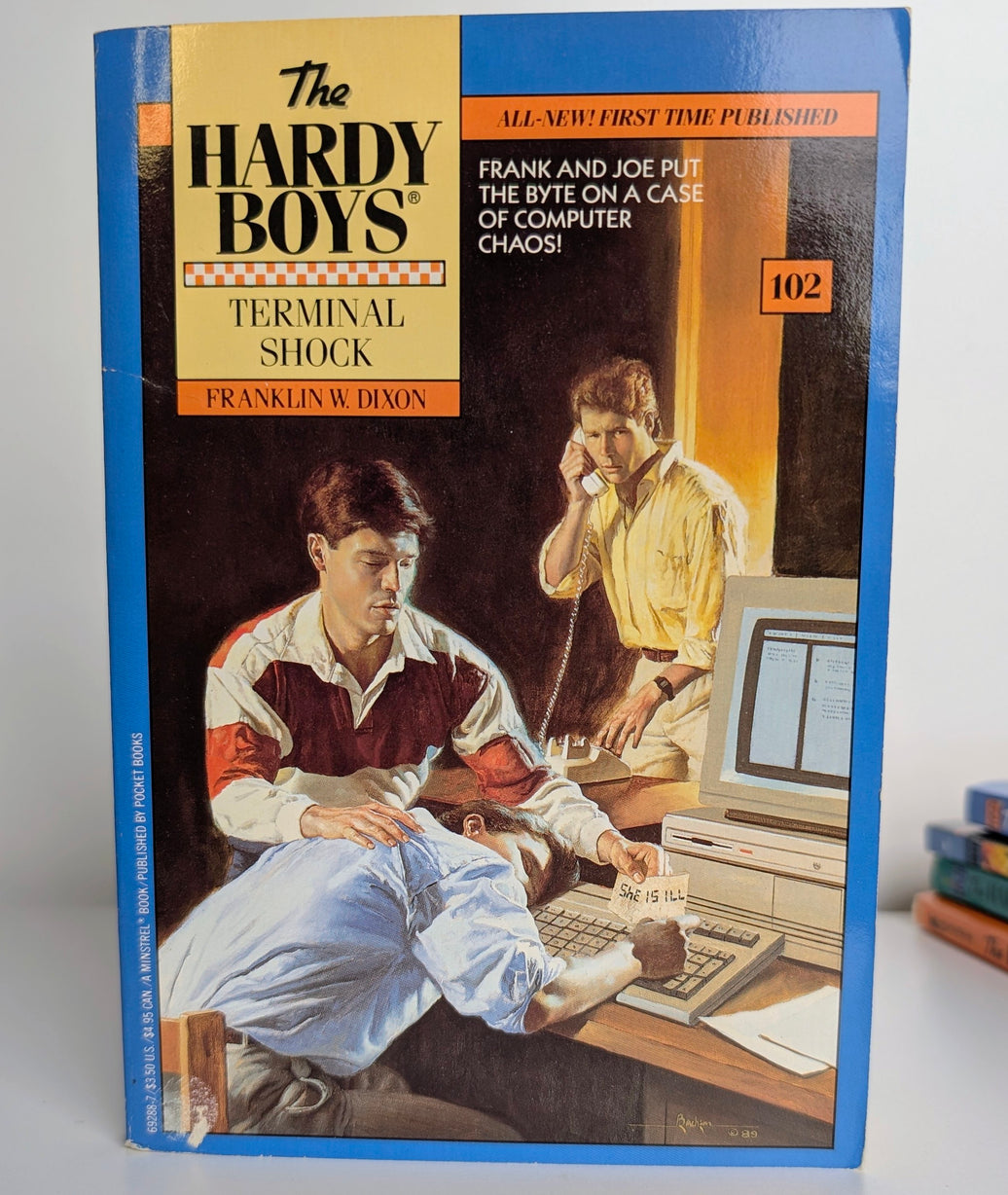 Vintage 1990 Hardy Boys Terminal Shock paperback by Simon & Schuster with boys investigating a computer mystery case