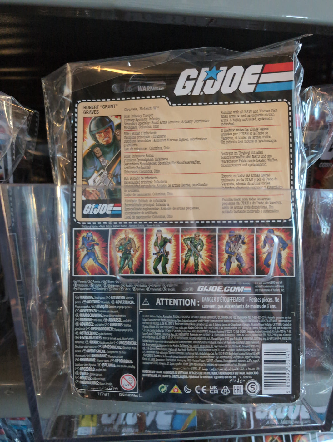 Back of Hasbro GI Joe Robert "Grunt" Graves O-Ring action figure packaging with character details and warnings