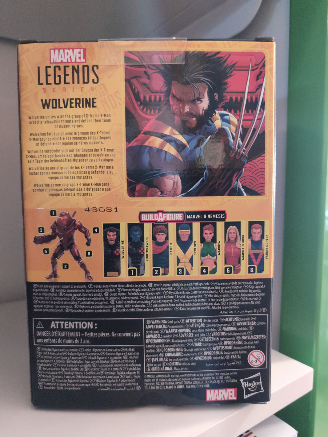 Back of Hasbro Marvel Legends Wolverine Xtreme X-Men 6-inch action figure packaging with character details.