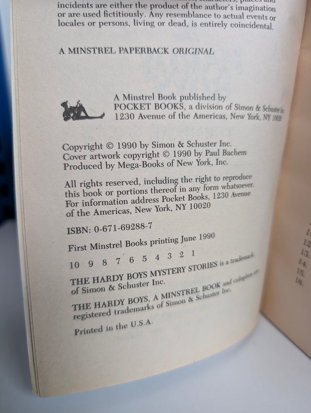 Copyright page of 1990 Hardy Boys Terminal Shock paperback by Simon & Schuster with printing details