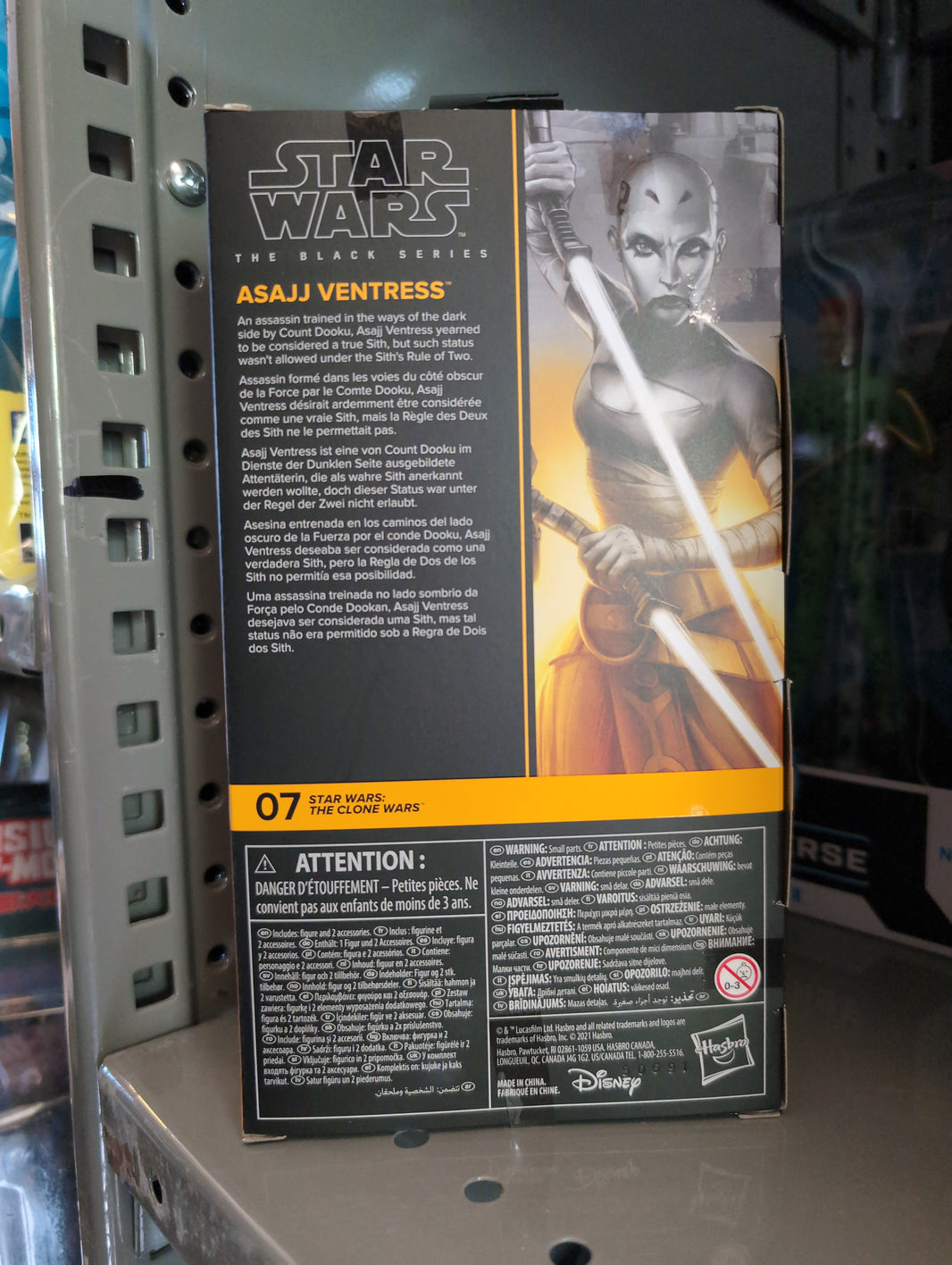 Back view of Hasbro Star Wars Black Series Asajj Ventress action figure packaging with character description.
