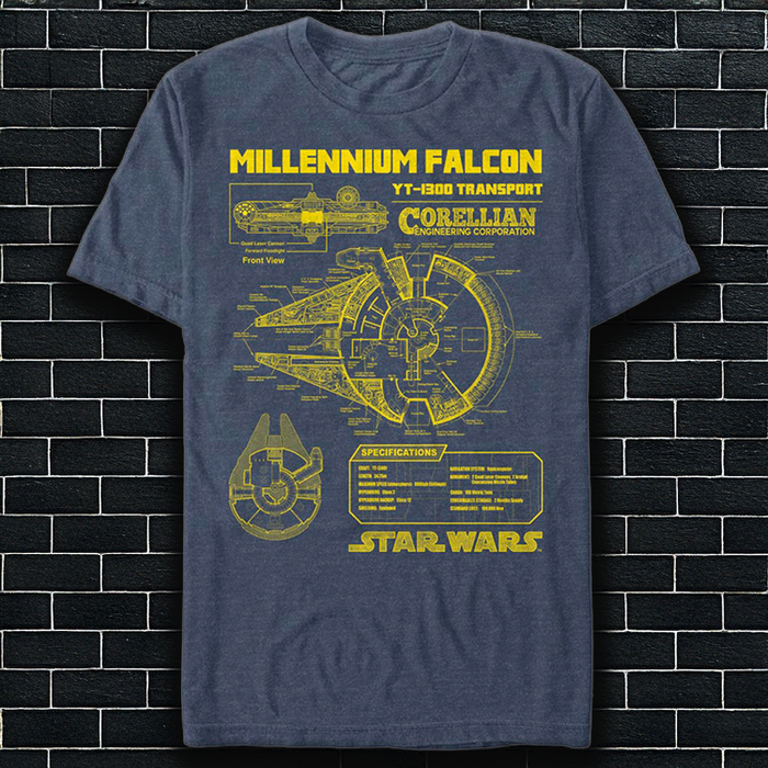 An image of a Star Wars Millennium Falcon Schematic Unisex Navy t-Shirt