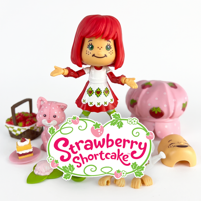 Strawberry Shortcake doll with pink bear, fruit basket, and Strawberry Shortcake logo