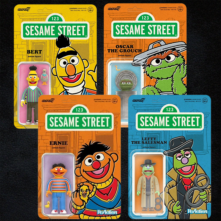 Sesame Street Action Figure Lot #3 Oscar the Grouch, Bert, Ernie, Lefty in blister cards by Super7