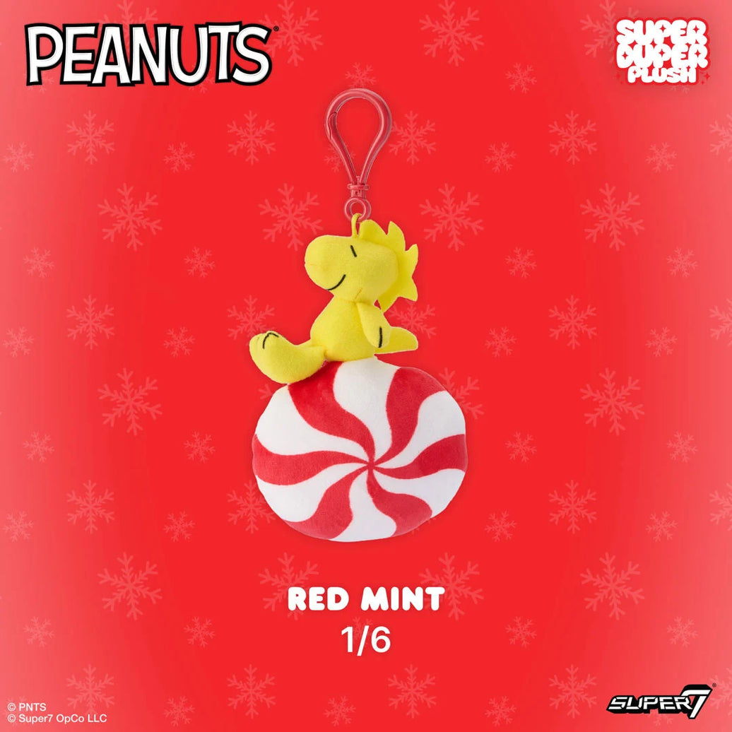 Woodstock Red Mint Peanuts Super Duper Plush Holiday Keychain Super7 with peppermint design