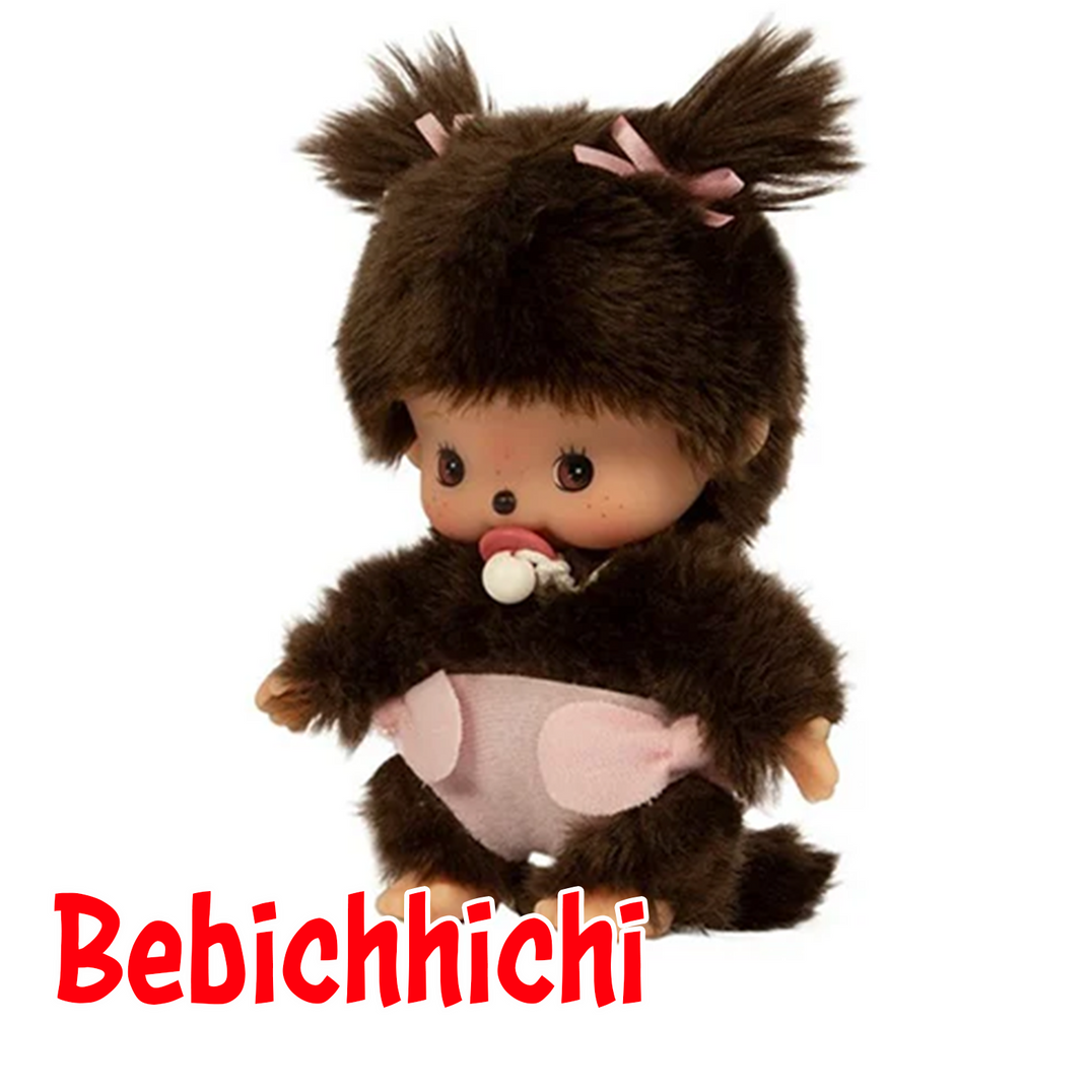 Small doll wearing furry brown outfit with pink patches and hair ties holding a pacifier against white background