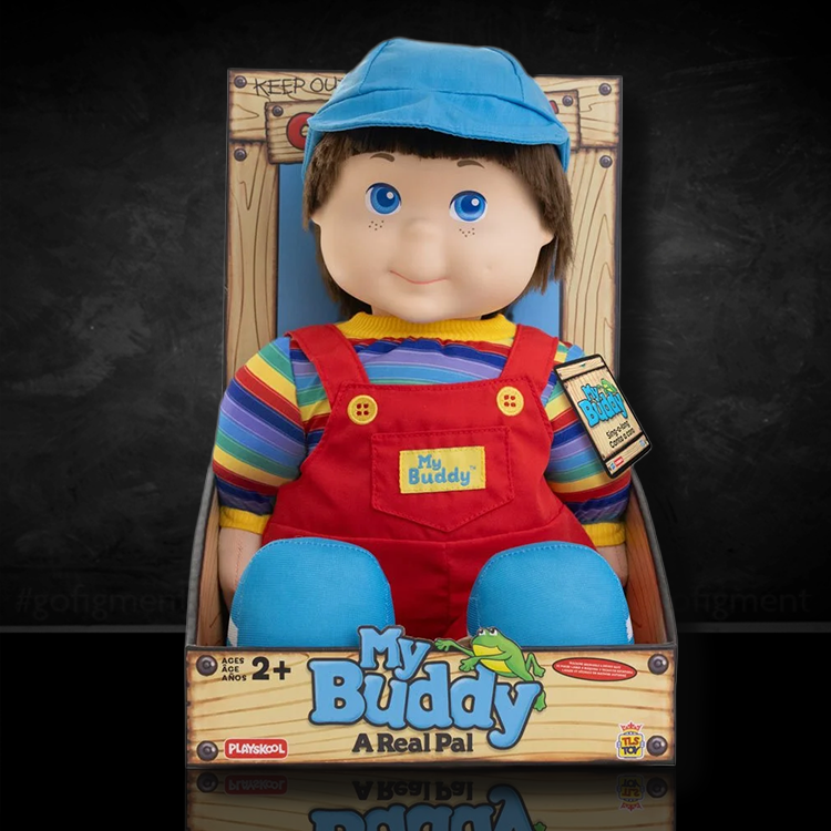 Playskool My Buddy 18-inch doll in striped shirt red overalls and blue cap seated in original box packaging