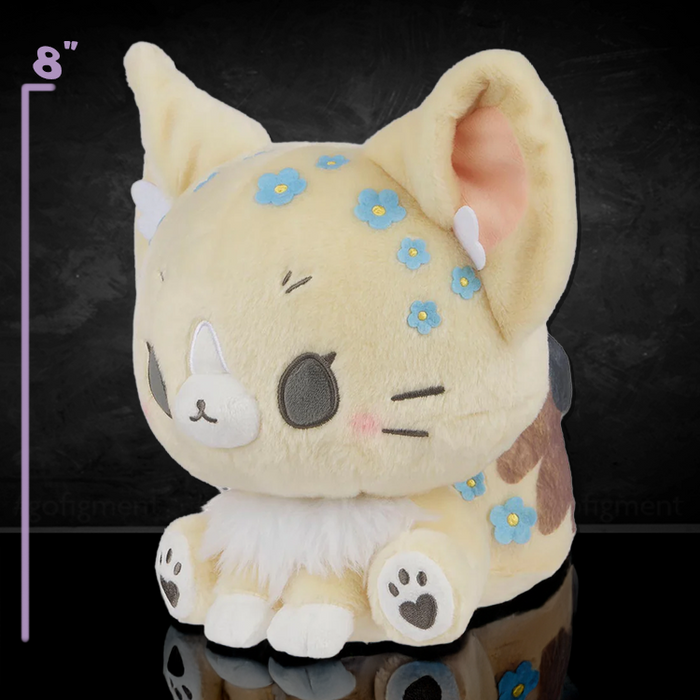 Birduyen Forget-Me-Not Fennec Fox plush with blue flower details sitting on black reflective surface shown with 8 inch height marker