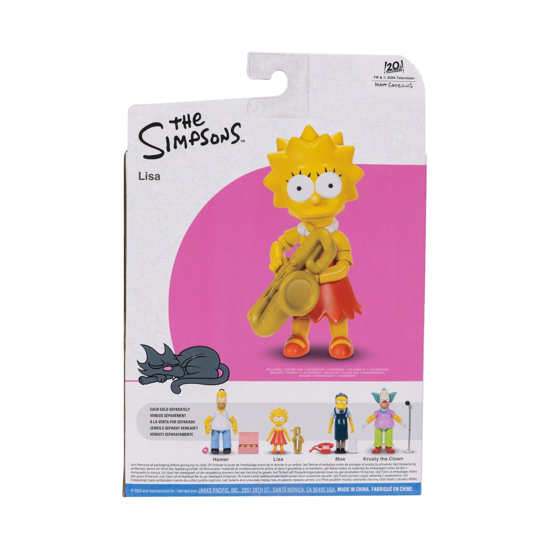 Lisa Simpson with Saxaphone Wave 2 Action Figure The Simpsons 5in Scale by Jakks Pacific in packaging with pink background