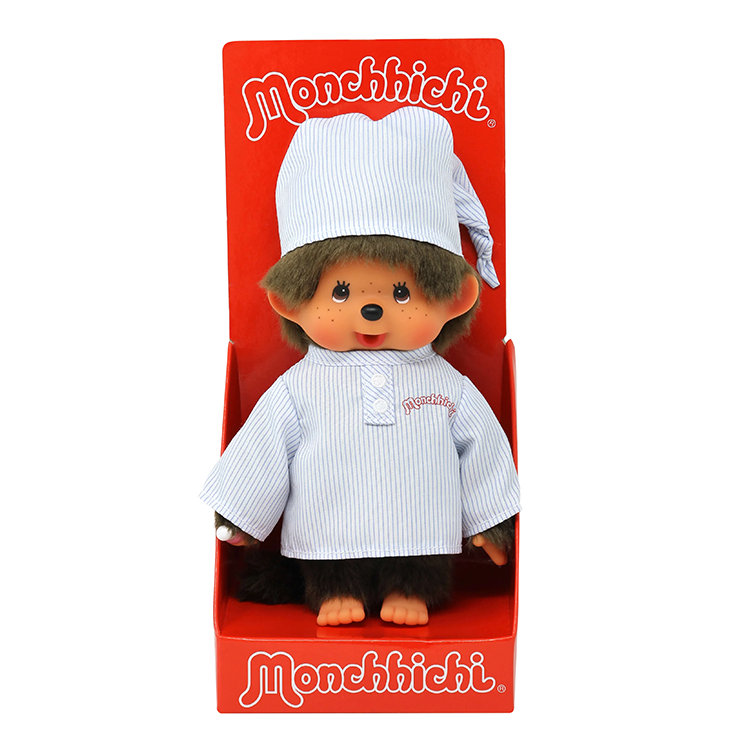 Official Sekiguchi 8-inch Monchhichi Boy doll wearing classic blue pajamas, often searched as a Monchichi pajama plush.