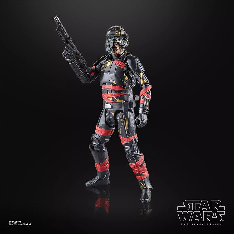 Hasbro Star Wars Black Series Night Trooper action figure with detailed armor, red markings, and battle damage on black background