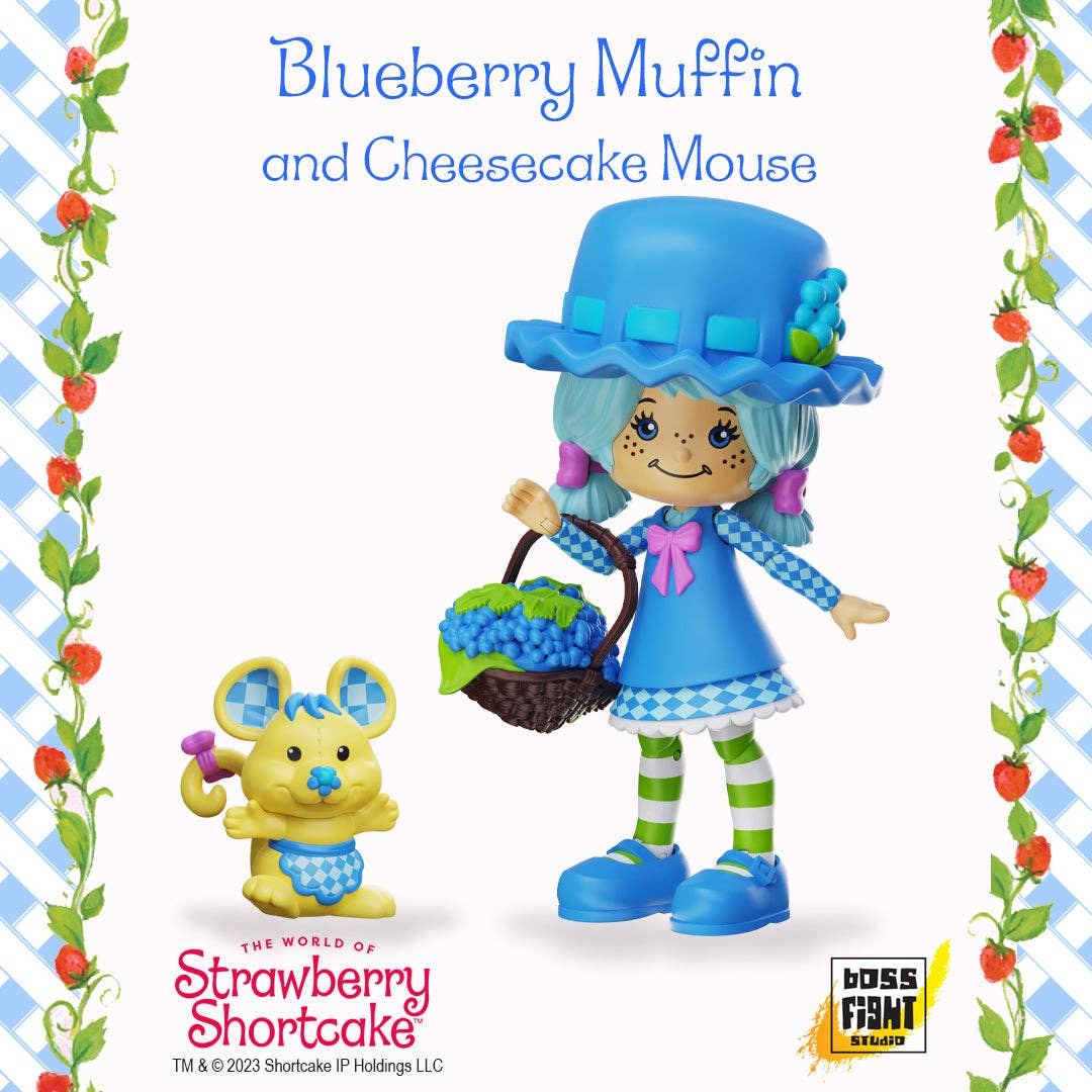 Boss Fight Studio Llc Blueberry Muffin figure in blue dress and hat with Cheesecake Mouse accessory on white background