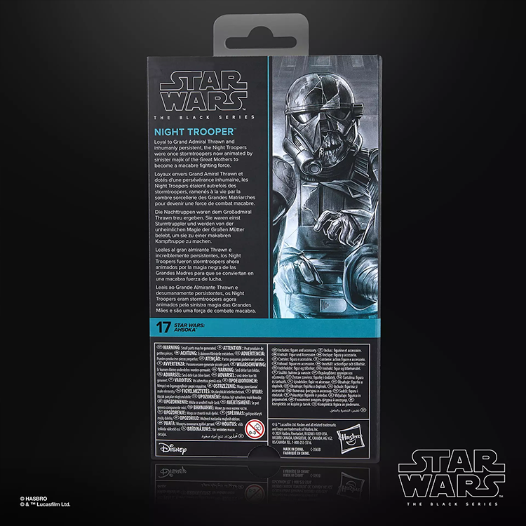 Back packaging of Hasbro Star Wars Black Series Night Trooper action figure with character artwork and text details