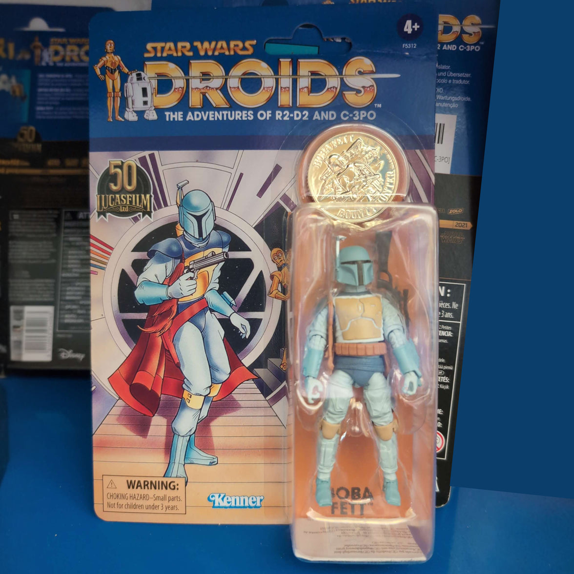 Boba Fett Star Wars Droids Action Figure 50th Anniversary collectible by Hasbro in original packaging.