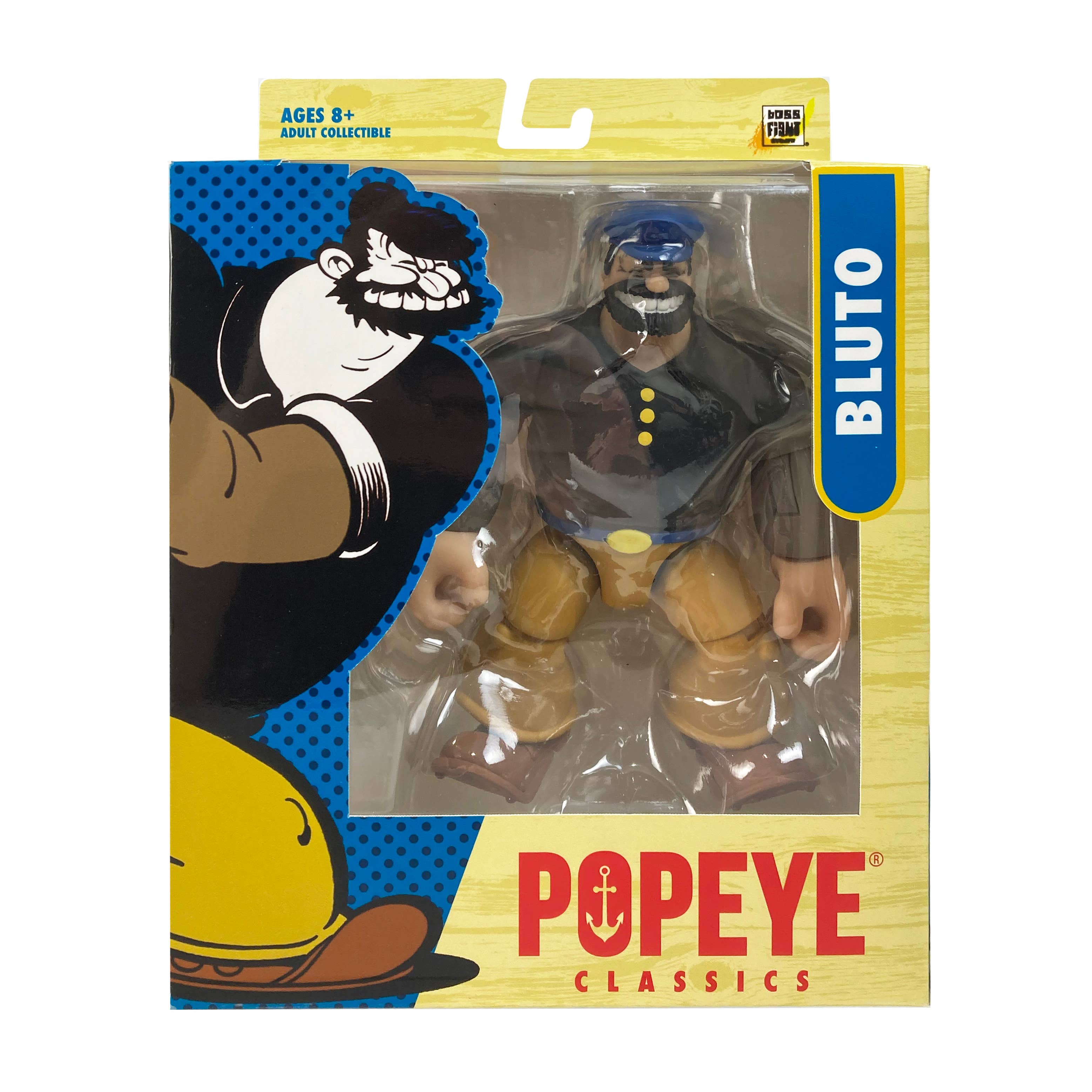 Boss Fight Studio Llc Bluto action figure in window box with blue cap, black shirt, and brown pants from Popeye Classics