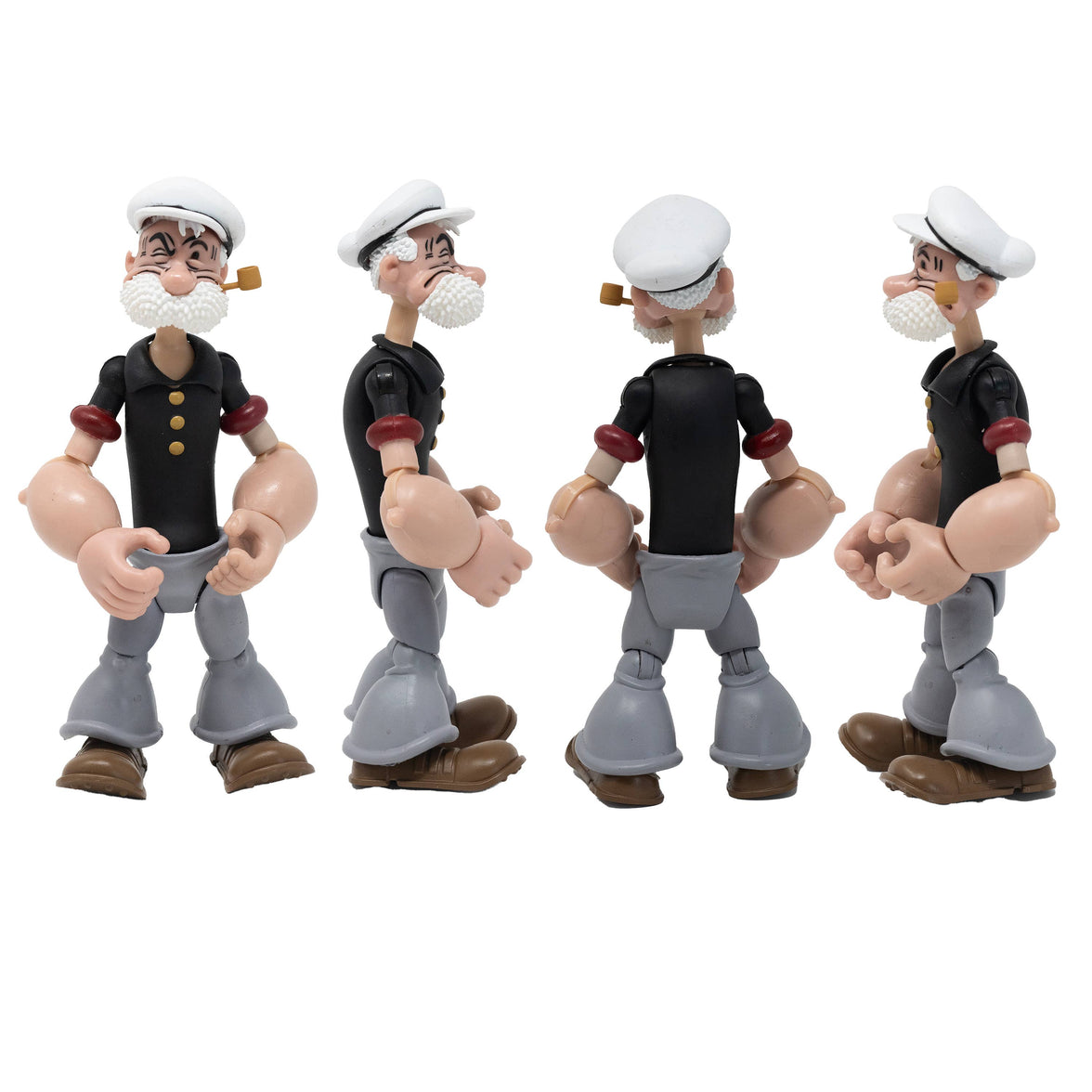 Boss Fight Studio Llc Poopdeck Pappy figure showing front, side, and back views in sailor hat, black shirt, gray pants on white background