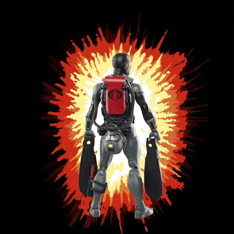 G.I. Joe Classified Series Cobra Eel figure by Hasbro with diving gear and red oxygen tank against fiery background