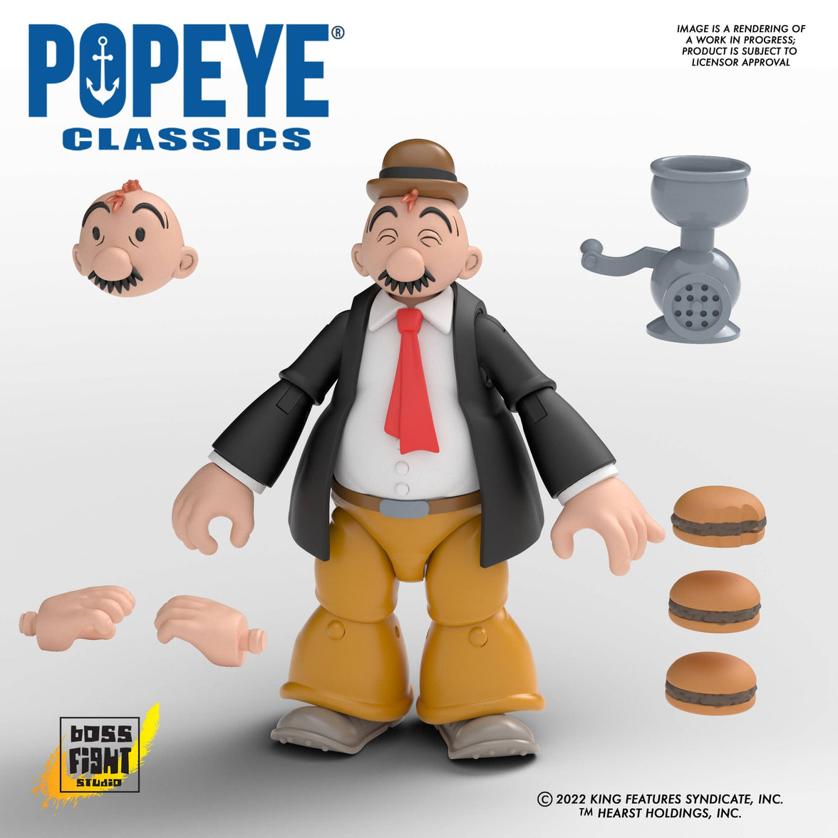 Boss Fight Studio Llc J. Wellington Wimpy figure with brown pants, black jacket, red tie, extra heads, hands, burgers, and meat grinder accessory
