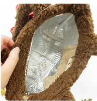 K-Wonderland Monchhichi insulated lunch tote with brown teddy-fleece exterior and silver reflective interior lining shown open