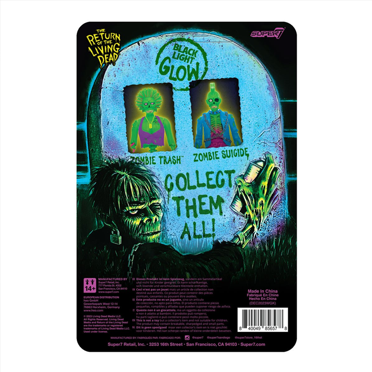 Super7 Return of the Living Dead blacklight glow collectible figure card back with zombie artwork and product details