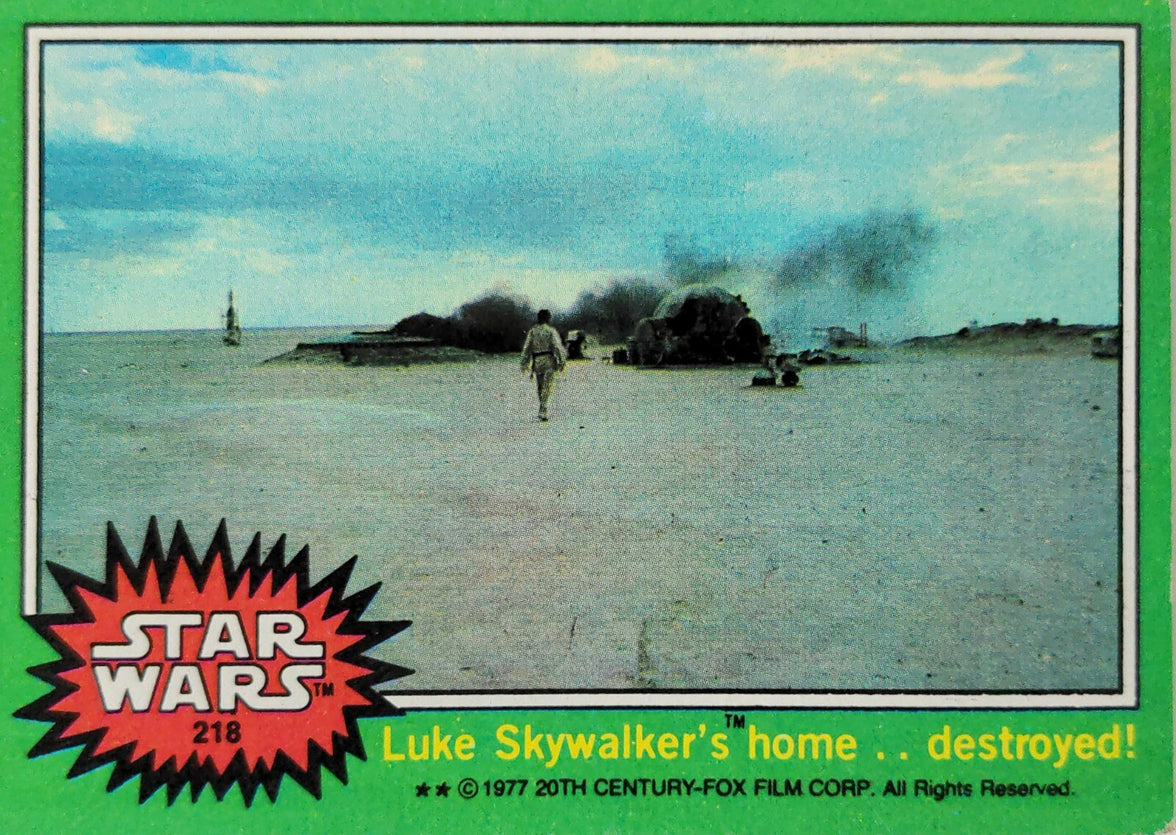 1977 TOPPS Star Wars card showing Luke Skywalker’s home destroyed scene with Go Figment branding