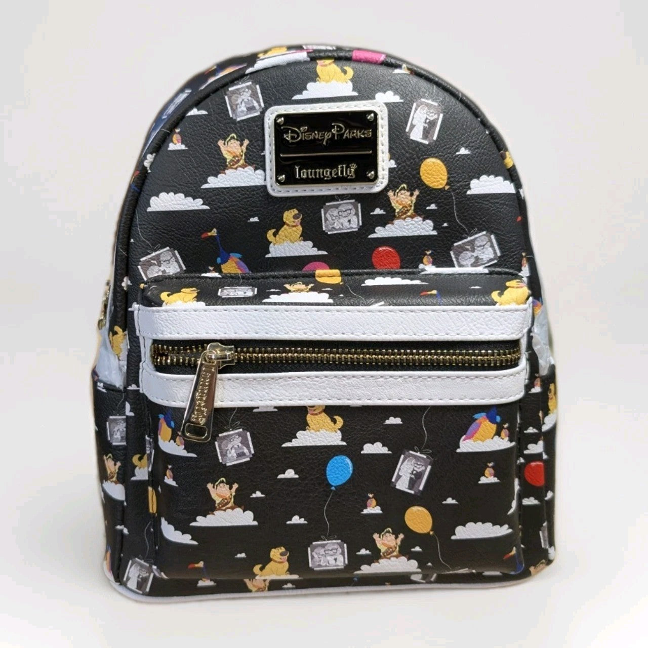 Loungefly black faux leather mini backpack with Disney Parks Pixar Up characters, balloons, and front zipper pocket detail