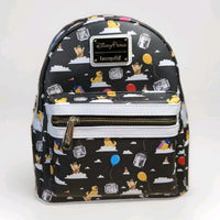 Loungefly black faux leather mini backpack with Disney Parks Pixar Up characters, balloons, and front zipper pocket detail